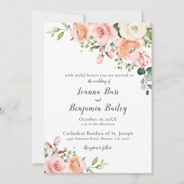 Pastel Pink Blush Rose Botanische Hochzeit mit flo Einladung (Vorderseite)
