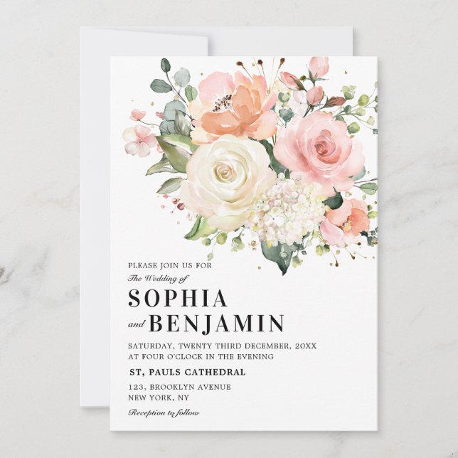 Pastel Pink Blush Rose Botanische Hochzeit mit flo Einladung (Vorderseite)