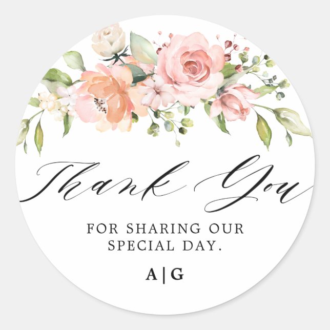 Pastel Pink Blush Rose Botanische Hochzeit mit flo Runder Aufkleber (Vorderseite)