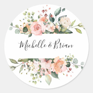 Pastel Pink Blush Rose Botanische Hochzeit mit flo Runder Aufkleber
