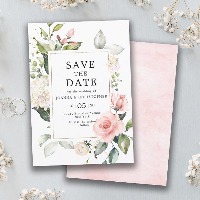 Pastel Pink Blush Rose Botanische Hochzeit mit flo Save The Date (Pastel pink blush rose floral save the date card)