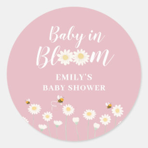 Pastel Pink Boho Daisy Floral Baby in Blütendusche Runder Aufkleber