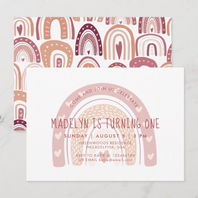 Pastel Pink Boho Rainbow Erster Geburtstag Einladung (Vorne/Hinten)