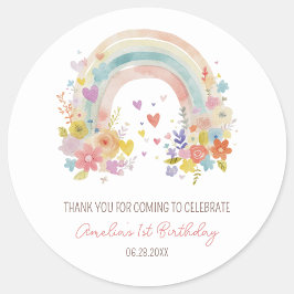 Pastel Pink Boho Rainbow Floral 1. Geburtstag Runder Aufkleber