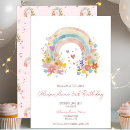 Pastel Pink Boho Rainbow Floral 3. Geburtstag Einladung
