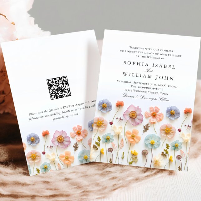 Pastel Pink Boho Wildblumen Hochzeiten QR-Code Einladung (Von Creator hochgeladen)