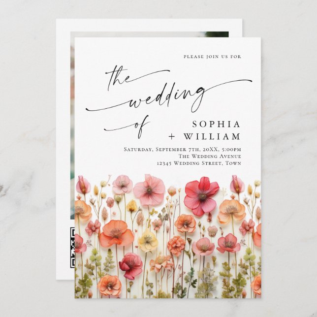 Pastel Pink Boho Wildblumen Hochzeiten QR-Code-Fot Einladung (Vorne/Hinten)