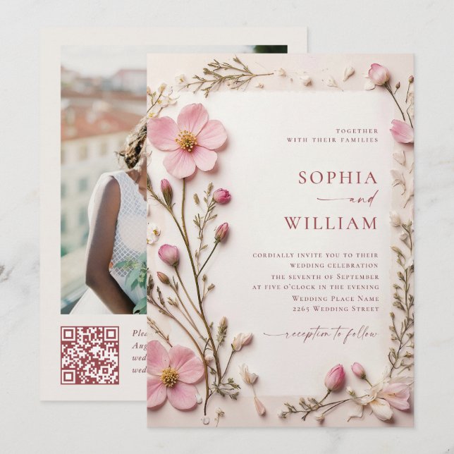 Pastel Pink Boho Wildblumen Hochzeiten QR-Code-Fot Einladung (Vorne/Hinten)