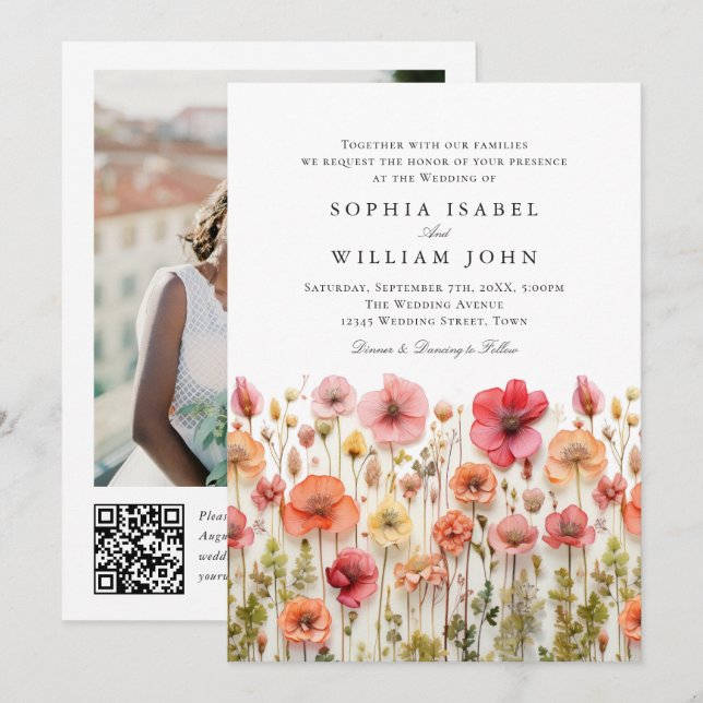 Pastel Pink Boho Wildblumen Hochzeiten QR-Code-Fot Einladung (Vorne/Hinten)