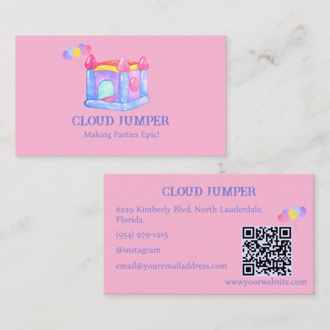 Pastel Pink Bounce House Rentals QR-Code Visitenkarte (Vorne/Hinten)