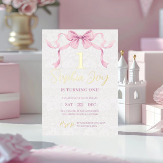 Pastel Pink Bow & Elegante Gold Script Geburtstag Folieneinladung