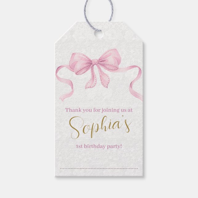 Pastel Pink Bow & Elegante Gold Script Geburtstag Geschenkanhänger (Vorderseite)