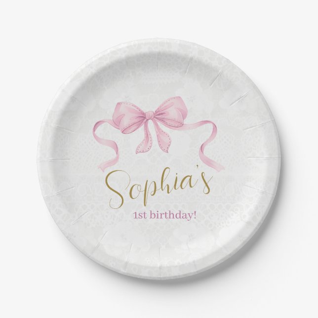 Pastel Pink Bow & Elegante Gold Script Geburtstag Pappteller (Vorderseite)