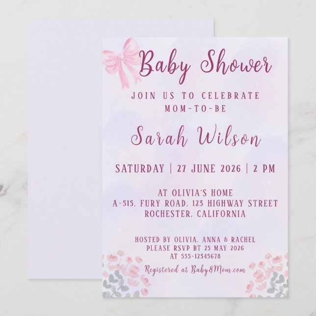 Pastel Pink Bow Floral Baby Shower Einladung (Vorne/Hinten)