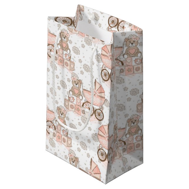 PASTEL PINK & BROWN BABY BLOCKS BEARS PRAMS KLEINE GESCHENKTÜTE (Vorderseite Schrägansicht)