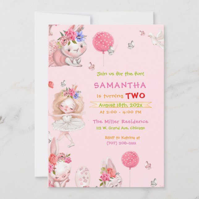 Pastel Pink Bunny Birthday Einladung für Mädchen (Vorderseite)