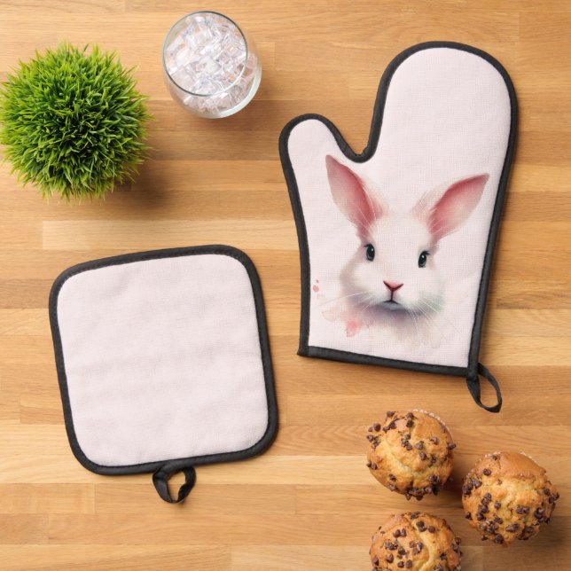 Pastel Pink Bunny Face Oven Mitt & Pot Holder Set (Oben Unten)