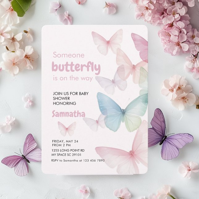 Pastel Pink Butterfly Babydusche Einladung (Von Creator hochgeladen)