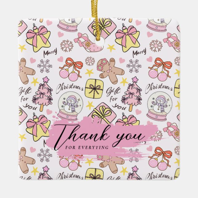 Pastel Pink Christmas Pattern with Custom Text Keramikornament (Vorderseite)