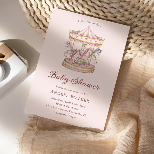 Pastel Pink Cute Carousel Girl Baby Shower Einladung (Von Creator hochgeladen)