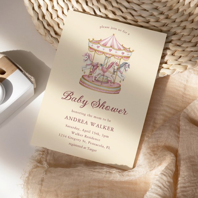 Pastel Pink Cute Carousel Girl Baby Shower Einladung (Von Creator hochgeladen)