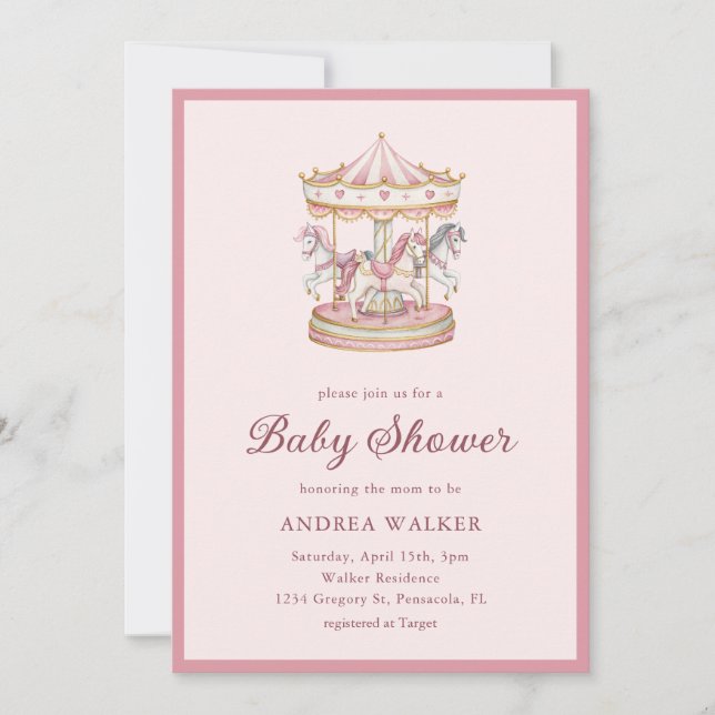 Pastel Pink Cute Carousel Girl Baby Shower Einladung (Vorderseite)