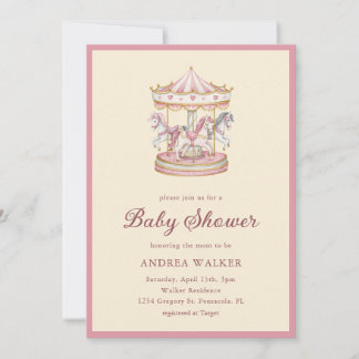 Pastel Pink Cute Carousel Girl Baby Shower Einladung