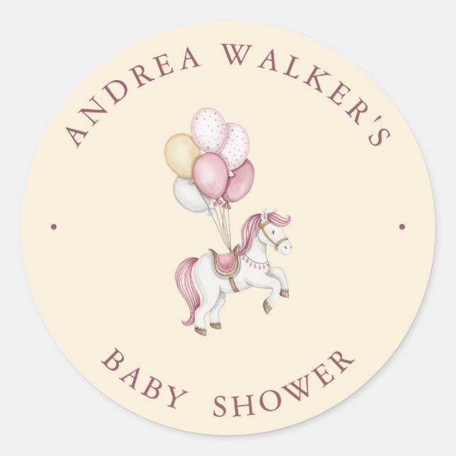 Pastel Pink Cute Horse Balloons Girl Baby Shower Runder Aufkleber (Vorderseite)