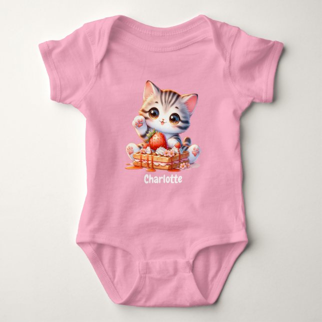 Pastel Pink Cute Kitten Cat with Dessert Waffles Baby Strampler (Vorderseite)