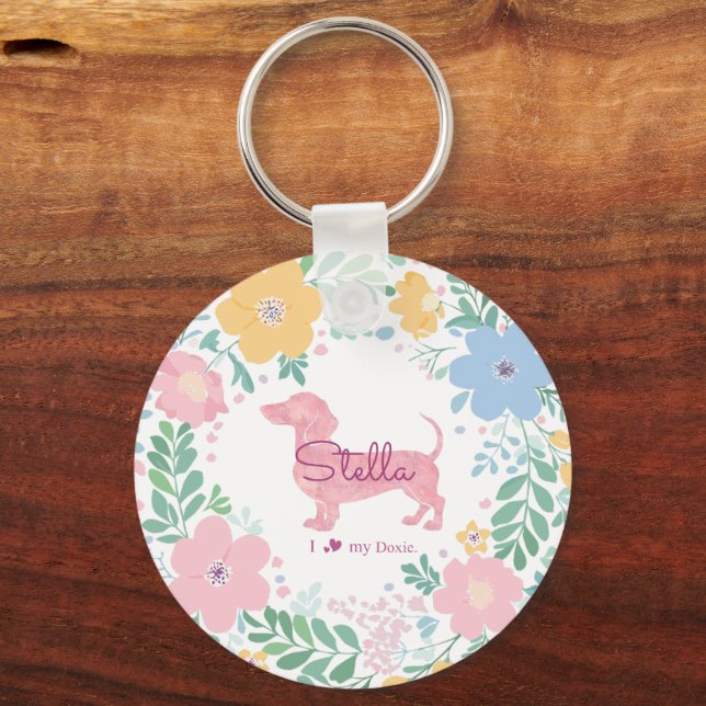 Pastel Pink Dachshund Name & Photo with Wreath Schlüsselanhänger (Vorderseite)