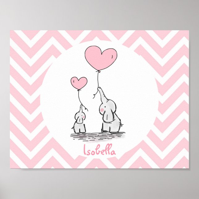 Pastel Pink Elephant Personalisiert Baby Girl Poster (Vorne)