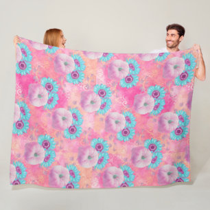 PASTEL PINK FALL PUMPKINS & AQUA SUNFLOWERS FLEECEDECKE