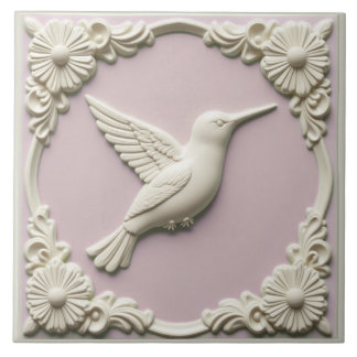 Pastel pink faux relief Art Nouveau Hummingbird  Fliese