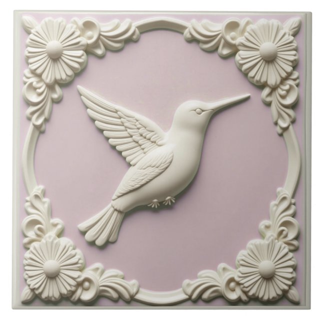 Pastel pink faux relief Art Nouveau Hummingbird  Fliese (Vorderseite)