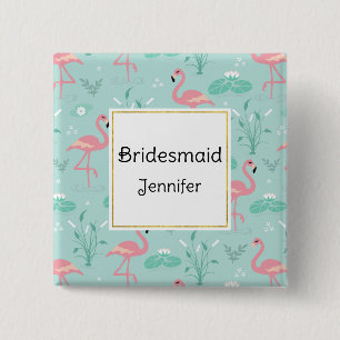 Pastel Pink Flamingos Green Muster Bridesmaid Button