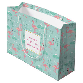 Pastel Pink Flamingos Green Pattern Geburtstag Große Geschenktüte