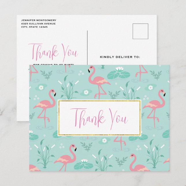Pastel Pink Flamingos Green Pattern Vielen Dank Postkarte (Vorne/Hinten)