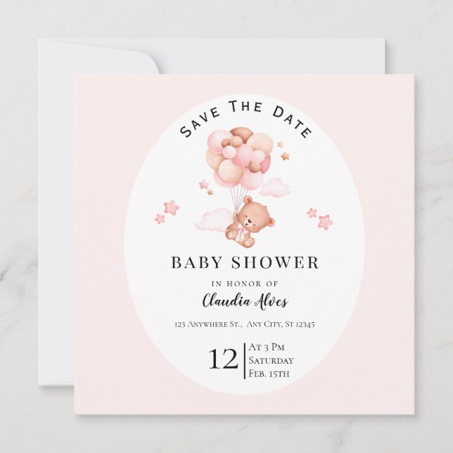 Pastel Pink Floral Baby Dusche Save the Date (Vorderseite)