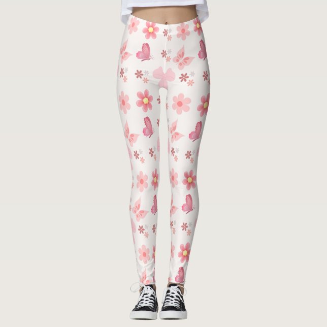 Pastel Pink Floral & Butterfly Pattern Leggings (Vorderseite)