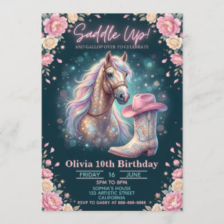 Pastel Pink Floral Magical Cowgirl Horse Birthday Einladung