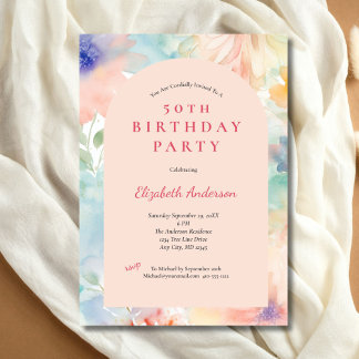 Pastel Pink Floral Modern Arch 50. Geburtstag ihr Einladung