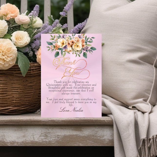 Pastel Pink - Floral & Silver Tiara Quinceanera Dankeskarte (Von Creator hochgeladen)