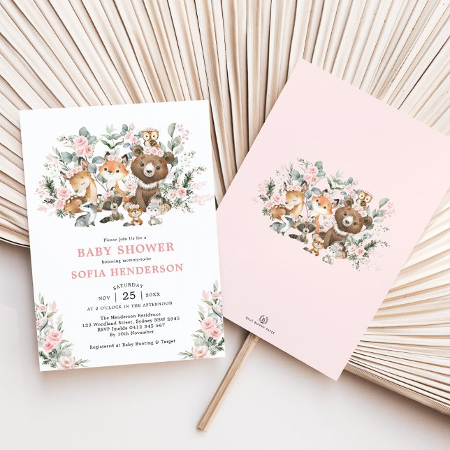 Pastel Pink Floral Woodland Tiere Kinderdusche Einladung (Von Creator hochgeladen)