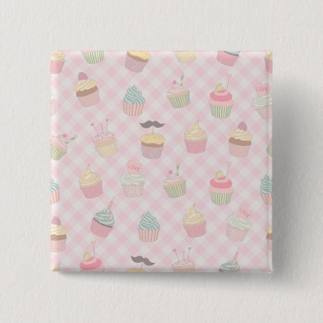 Pastel Pink Gingham Cute Cupcakes Pattern Button (Vorderseite)