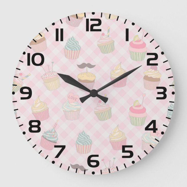 Pastel Pink Gingham Cute Cupcakes Pattern Große Wanduhr (Vorderseite)