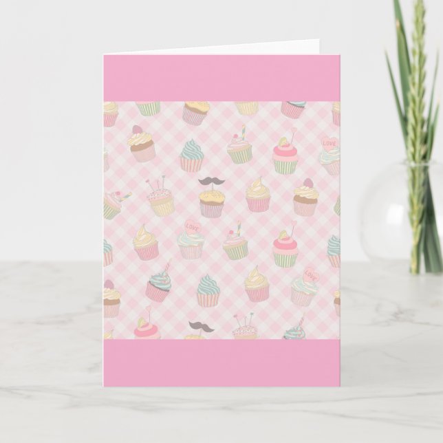 Pastel Pink Gingham Cute Cupcakes Pattern Karte (Vorderseite)