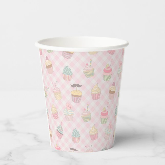 Pastel Pink Gingham Cute Cupcakes Pattern Pappbecher (Vorderseite)