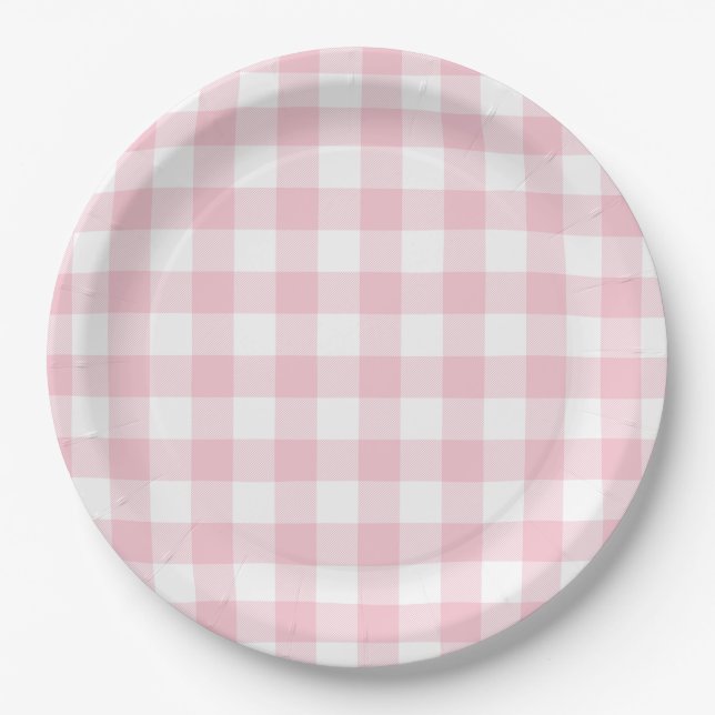 Pastel Pink Gingham Kariertes Muster Pappteller (Vorderseite)