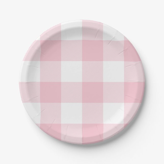 Pastel Pink Gingham Kariertes Muster Pappteller (Vorderseite)