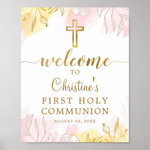 Pastel Pink Gold Floral Erste Kommune Willkommen Poster
